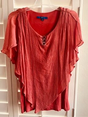 Apt. 9 Coral Asymmetrical Ruffle Sleeve Top with Ring Detail